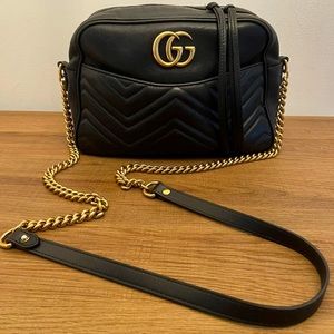 Gucci Black Matelassé Leather Medium GG Marmont Camera Bag